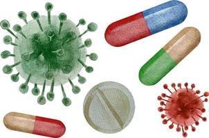 Watercolor green Covid-19 virus and tablets vector