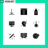 Pack of 9 creative Solid Glyphs of relaxed mind shower human internet Editable Vector Design Elements