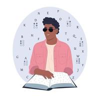 Young black smiling blind man wearing glasses reads something in braille. World Braille Day. Vector flat illustration