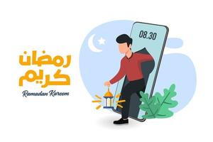 concepto de ilustración de diseño islámico para ramadan kareem o ramadan saludo con carácter de personas. plantilla para página de destino web, banner, presentación, social, afiche, anuncio, promoción o medios impresos. vector