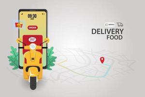 Fast delivery by scooter on mobile. E-commerce concept. Online food order infographic. Webpage, app design. vector