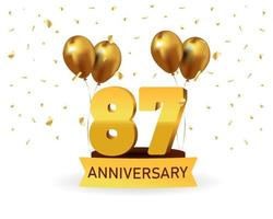 Números de oro del 87 aniversario con confeti dorado. plantilla de fiesta de evento de aniversario de celebración vector