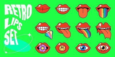 Retro open mouth with red sensual lips set. Psychedelic hippie style tongue sticking out with rainbow, flower and mushroom. Vintage hippy style crazy various mimic emotion and facial expressions. Eps vector