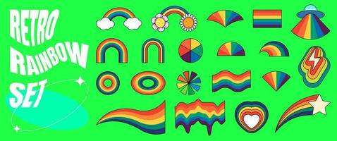 Retro rainbow hipster set. Psychedelic hippie style rainbows collection. Vintage hippy style crazy various abstract iridescent arch. Trendy pop culture colorful bright design elements. Vector eps