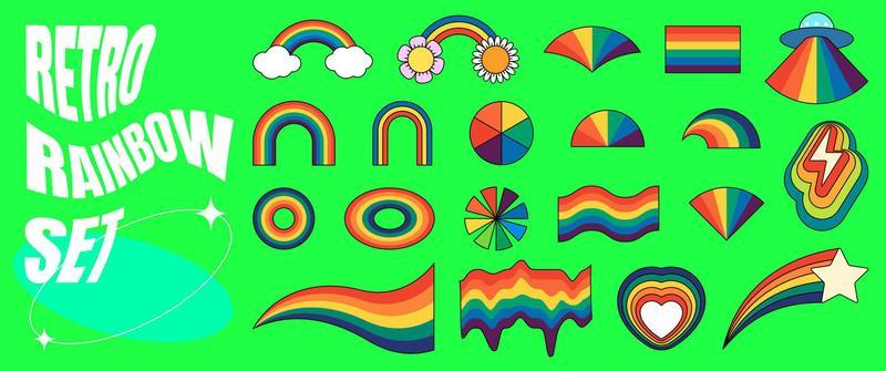 Retro rainbow hipster set. Psychedelic hippie style rainbows collection. Vintage hippy style crazy various abstract iridescent arch. Trendy pop culture colorful bright design elements. Vector eps