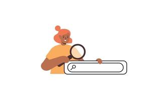 Search bars and people browsing online information, surfing internet. Characters look for and find query in web browser vector