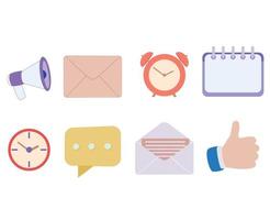 flat icon vector set. flat icon megaphone. flat icon main envelope icon. flat icon alarm clock. flat icon calendar. wall clock icon. speech bubble icon. main envelope icon. thumb up icon