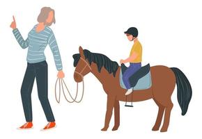 mujer enseñando a un niño a montar a caballo vector