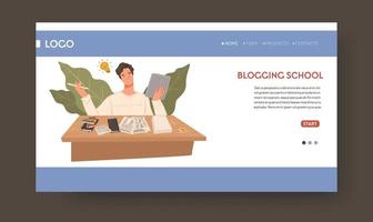 Blogging school, male character learning tricks and obtaining skills for enterprise or startup. University or college. Website or web landing page template with navigation buttons. Vector in flat