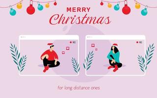 Illustration of a Couple Who Couldn't Meet at Christmas and Were Able to Meet via Video Call. vector