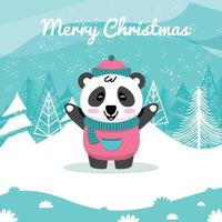 las ilustraciones de lindos animales panda en la nieve, para saludos navideños, se pueden usar para tarjetas de felicitación, pancartas, carteles u otras necesidades de diseño. vector