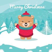 las ilustraciones de un lindo oso animal en la nieve, para saludos navideños, se pueden usar para tarjetas de felicitación, pancartas, carteles u otras necesidades de diseño. vector