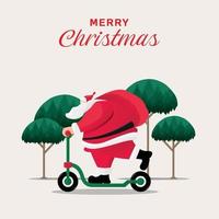 A Man Wearing a Santa Claus Costume Rides a Scooter to Deliver Packages in the Park. vector