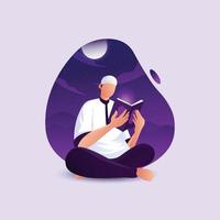 ramadan ilustración de un hombre leyendo el corán en el fondo por la noche. vector