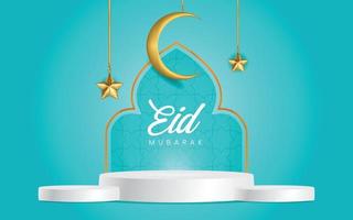 fondo de ramadán en color azul, adornos de estrellas y lunas con un soporte para el producto en el centro adecuado para la plantilla del producto - eid mubarak. vector