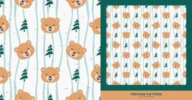 The cute Bear animal pattern with Pine trees ornaments is suitable for children and can be used for clothes, wall decorations, design backgrounds, etc. vector