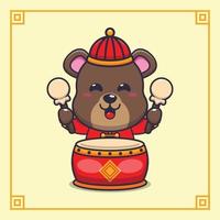 lindo oso tocando el tambor en el año nuevo chino. ilustración de dibujos animados vectoriales adecuada para póster, folleto, web, mascota, pegatina, logotipo e icono. vector