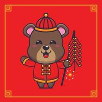 lindo oso jugando petardos en año nuevo chino. ilustración de dibujos animados vectoriales adecuada para póster, folleto, web, mascota, pegatina, logotipo e icono. vector