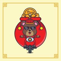 Cute bear riding a motorcycle with a lot of gold in chinese new year. Vector cartoon Illustration suitable for poster, brochure, web, mascot, sticker, logo and icon.