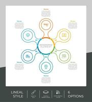 Circle option infographic vector design with 6 options colorful style for presentation purpose.Line option infographic can be used for business and marketing