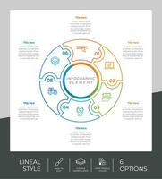 Circle option infographic vector design with 6 options colorful style for presentation purpose.Line option infographic can be used for business and marketing