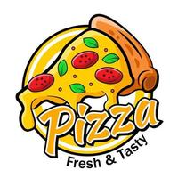 pizza food logo brand product badge cartoon style vector illustration editable text