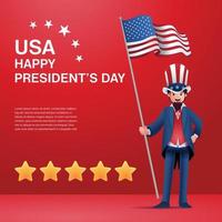 la ilustración del día del presidente de estados unidos con el personaje de la mascota trae la bandera de la nación alta calificación para el cartel del libro de pancartas vector