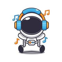 lindo astronauta escuchando música con ilustración de vector de dibujos animados de auriculares. ilustración de dibujos animados vectoriales adecuada para póster, folleto, web, mascota, pegatina, logotipo e icono.