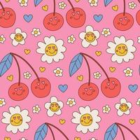 Groovy retro vintage Valentine's day seamless pattern in 60s-70s style. Hippie background with lovely flower and cherry characters. Linear vector illustration.