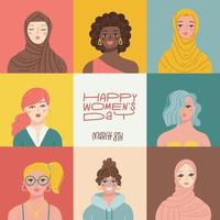 Happy Woman's international day greeting card. 8th march baner. IWD. Women with different skin color and ethnic groups in various color squares. Flat hand drawn vector illustration.