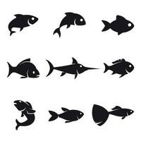 conjunto de peces, iconos negros y simples sobre fondo blanco vector