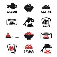 conjunto de iconos de caviar, huevas, huevos de pescado. negro y rojo sobre un fondo blanco vector