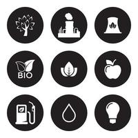 conjunto de iconos de ecología. blanco sobre un fondo negro vector