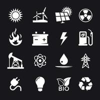 conjunto de iconos de energía. blanco sobre un fondo negro vector