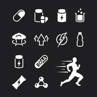 conjunto de iconos de suplementos deportivos. blanco sobre un fondo negro vector