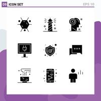 Set of 9 Commercial Solid Glyphs pack for shield tv dashboard internet thinking Editable Vector Design Elements