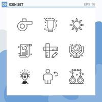 Set of 9 Modern UI Icons Symbols Signs for ruler education beach guide article Editable Vector Design Elements