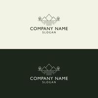 Mountains and trees logo design. Minimalist tourism and hiking vector logo. Camping logo template design - adventure wildlife oak trees forest design