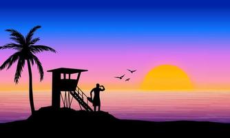 Exotic Beach Landscape with Lifeguard and palm tree in 80's synthwave retro style. Outrun panoramic design. Sea side, west coast, miami vibes. Vintage view with sunset. Baywatch graphic. vector