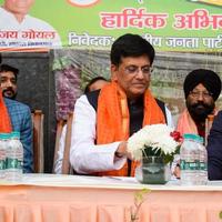 New Delhi, India - November 27 2022 - Piyush Goyal Cabinet Minister and core member of Bharatiya Janata Party BJP during a rally in support of BJP candidate ahead of MCD local body Elections 2022 photo