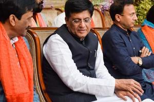 New Delhi, India - November 27 2022 - Piyush Goyal Cabinet Minister and core member of Bharatiya Janata Party BJP during a rally in support of BJP candidate ahead of MCD local body Elections 2022 photo