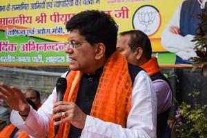 New Delhi, India - November 27 2022 - Piyush Goyal Cabinet Minister and core member of Bharatiya Janata Party BJP during a rally in support of BJP candidate ahead of MCD local body Elections 2022 photo