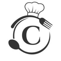 logotipo del restaurante en concepto de letra c con sombrero de chef, cuchara y tenedor para el logotipo del restaurante vector