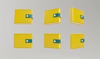 3D render set of wallet with different position, money saving, bill, floating coins stack, and credit card concept illustration photo