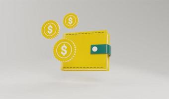 Cartera de representación 3d con ahorro de dinero, factura, pila de monedas flotantes e ilustración del concepto de tarjeta de crédito foto