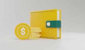 3D render wallet with money saving, bill, floating coins stack, and credit card concept illustration photo