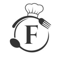 logotipo del restaurante en concepto de letra f con sombrero de chef, cuchara y tenedor para el logotipo del restaurante vector