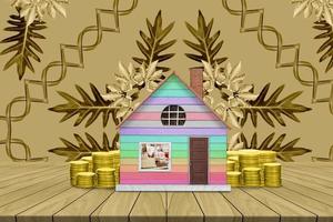 Start creating family with top table home and coin on golden leaves pattern background,Dream family concepts photo