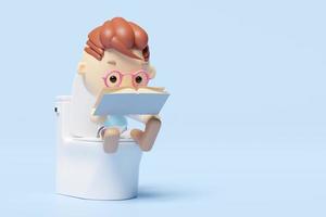 3d cartoon boy character sitting on the toilet in the bathroom reading a book isolated  blue background. 3d render illustration, clipping path photo