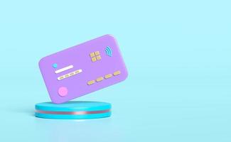 3d credit card with stage podium isolated on blue background. saving money wealth business, cashback money refund concept, 3d render illustration, include clipping path photo